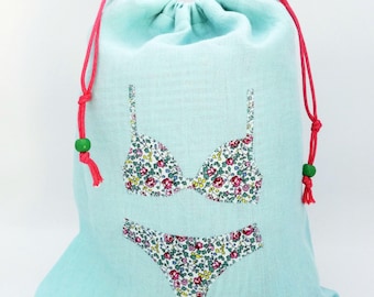 Bolsa de viaje para lencería, bolsa de lino con cordón y aplique de tela Liberty