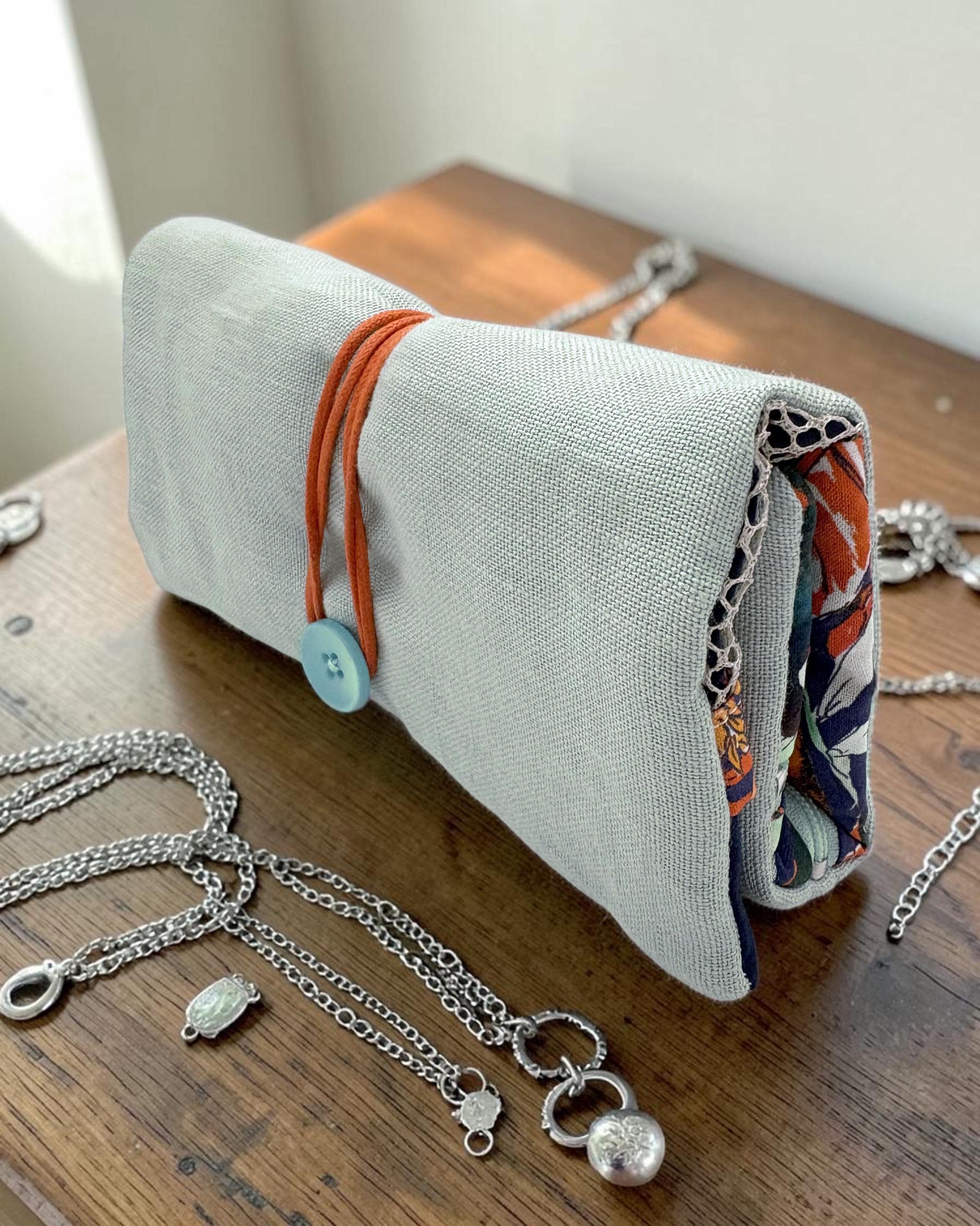 Spacious Almond Linen Travel Jewelry Roll