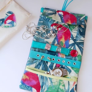 Travel jewelry roll organizer with necklace and earrings holder, travel accessories gift for women, handmade from canvas and tropical fabric