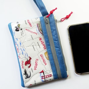 Cartera de muñeca para teléfono con pantalla táctil, ventana transparente, mapa de Estados Unidos y lino revestido, estados personalizados disponibles, se adapta a teléfonos de hasta 6,1 pulgadas