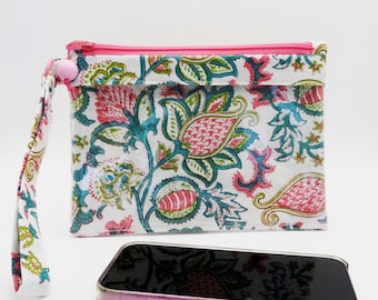 Clear phone pouch, Indian block print touchscreen travel wallet, single zip pouch