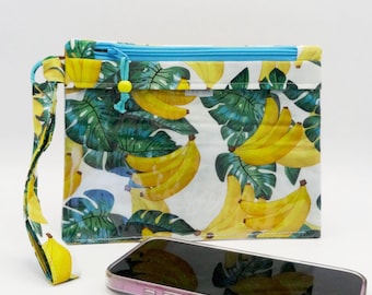 Slim clear phone wristlet, banana tropical touchscreen wallet, single zip pouch