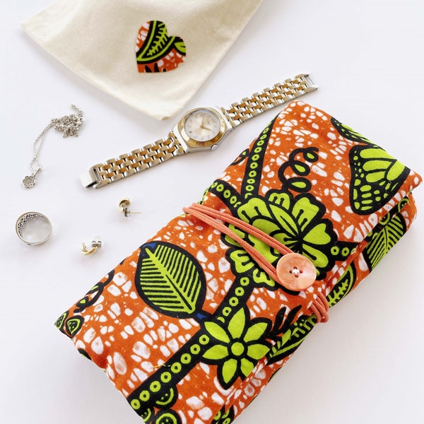 Travel jewelry roll bag, jewelry organizer for women, african fabric, handmade gift, reusable gift wrap included