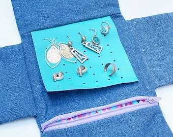 Denim resefodral för örhängen, kompakt smyckeshållare för kvinnor