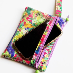 Touchscreen phone pouch with clear window pocket, double pocket touchscreen purse, including fabric wrap pouch, phone up to 6.1 inches
