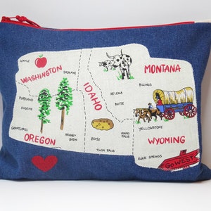 Sac à lingerie de voyage en denim avec application de carte des États-Unis, pochette à sous-vêtements pour femme avec fermeture à glissière, cadeau de voyage fait main pour elle ou une adolescente