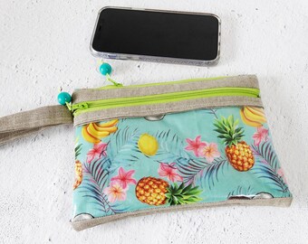 Clear phone wristlet wallet, tropical touchscreen purse, summer travel essentials for mom, coated linen fabric