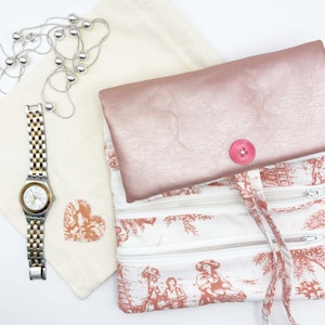 Large jewelry roll, travel organizer for mom, toile Jouy fabric and faux leather, gifts for travelers