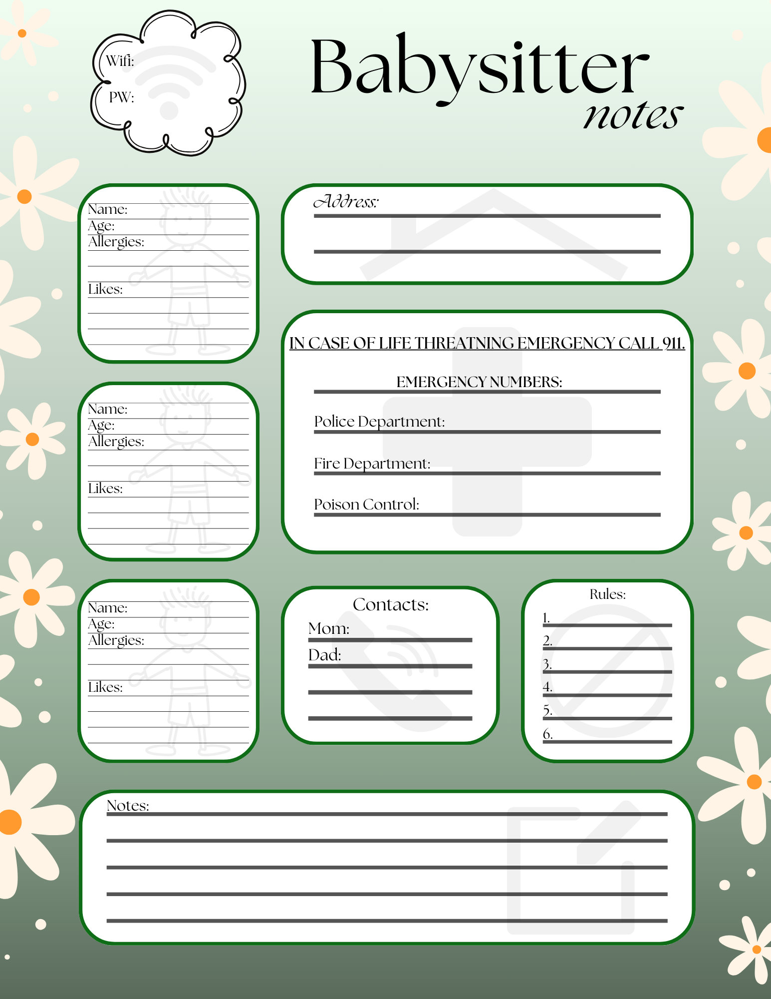 Printable Babysitter Notes Page, Information Sheet for Babysitter ...
