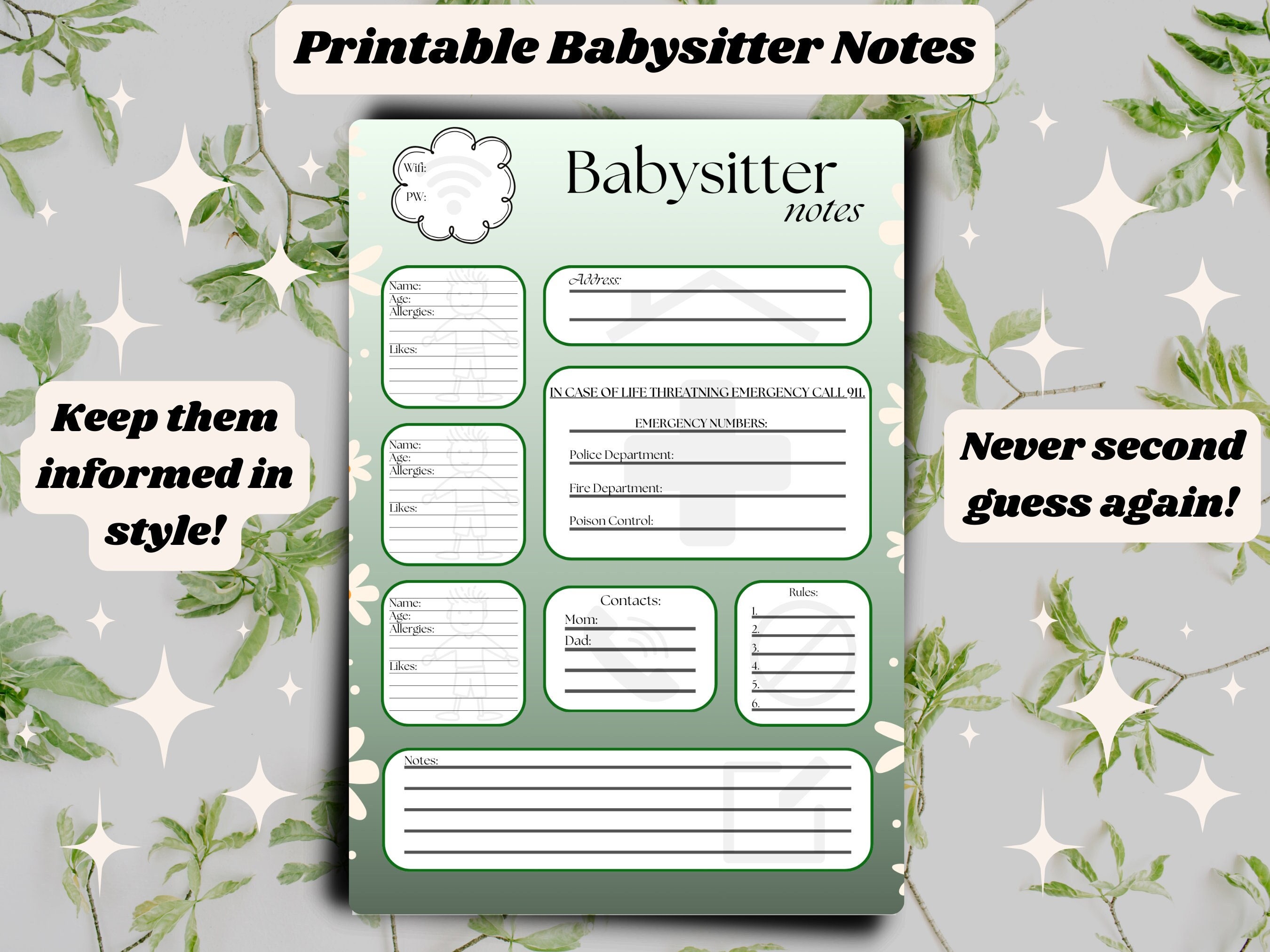 Printable Babysitter Notes Page, Information Sheet for Babysitter ...