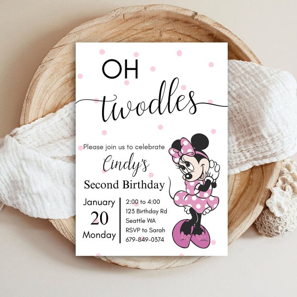 Oh Twodles Birthday Invitation, Girl Birthday Invite, 2nd Birthday Evite, Minnie Mouse Birthday, Instant Digital Download