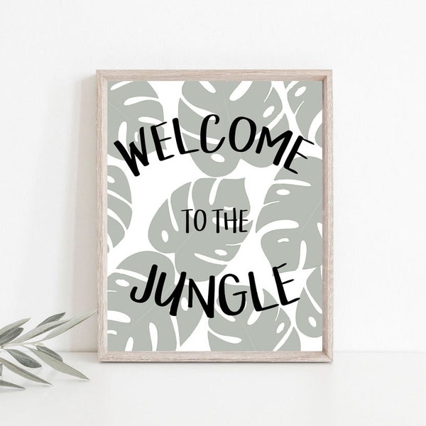 Welcome to the Jungle Sign, Printable Tropical Wall Decor, Jungle Leaf Wall Art Digital Welcome Sign, Safari Theme Bedroom Party Decoration2