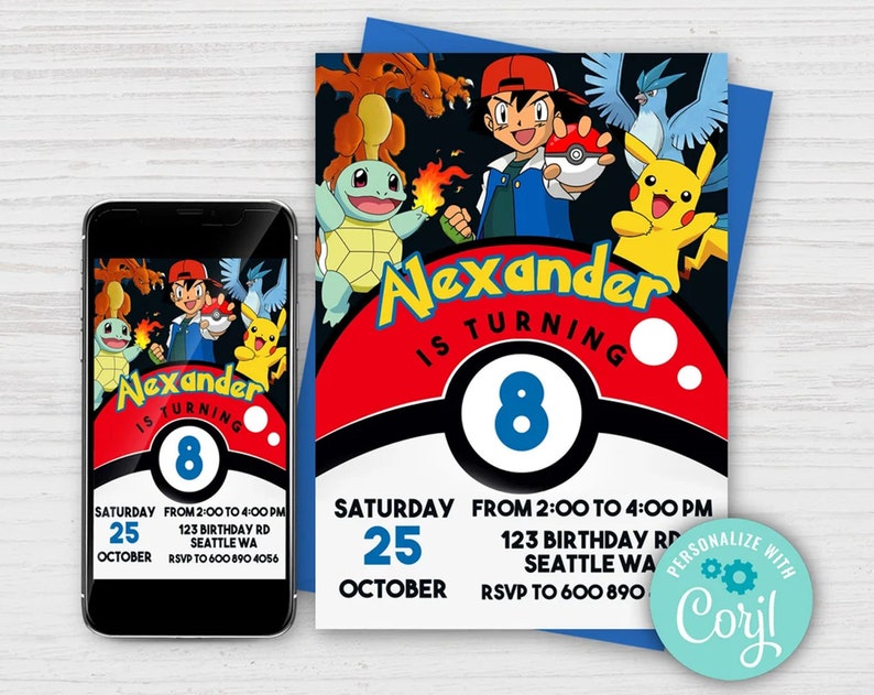 EDITABLE, Pokemon Birthday Invitation, Pokemon Evite, Pokemon Digital