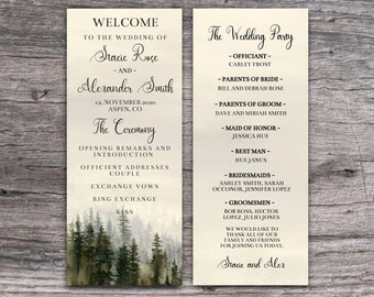 Pine Tree Wedding Program Template, Printable Rustic Order of Service, 100% Editable Text, Flat Program, Instant Download. A103