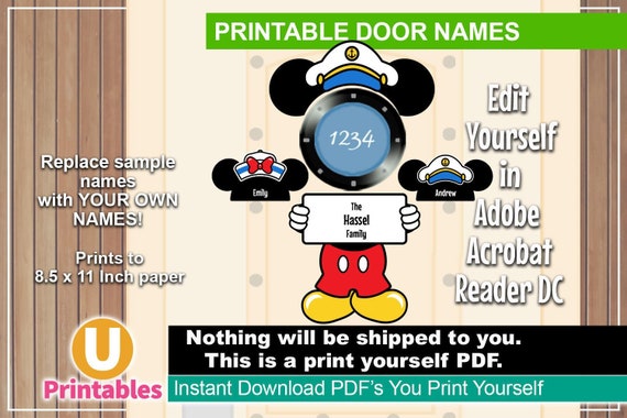 Printable Disney Cruise Stateroom Door Name Signs Diy Print Yourself Add Your Own Magnets Mickey Cruise Door Decorations Captain Sailor
