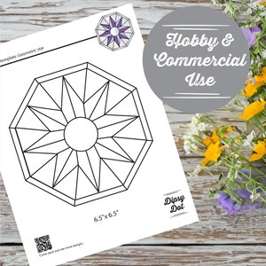 May include: A black and white geometric star template on a white paper, with the text "6.5" x 6.5"" and "Hobby & Commercial Use". The paper is on a wooden surface with flowers.