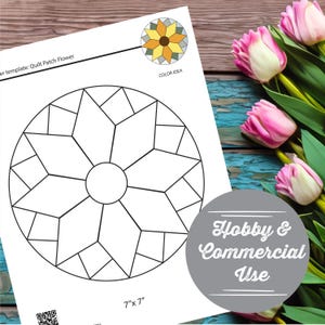 May include: A white paper quilt patch flower template with a circular design, 7" x 7". Includes a color idea graphic and the text "Hobby & Commercial Use". Pink and white tulips are in the background.