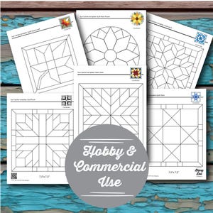 Puede incluir: Una colección de plantillas de patchwork en papel blanco con diseños geométricos, incluyendo estrellas y flores. Las plantillas miden 19 x 19 cm y están etiquetadas como "Sun Catcher template Quilt Patch". Un círculo gris dice "Hobby & Commercial Use".
