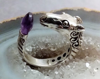 Amethyst Briolette Sterling Silver Horse Ring, Size 7,  Purple Gemstone Ring, February Birthstone Ring