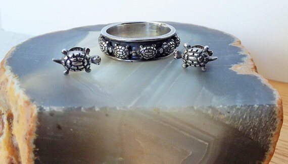 Sterling Silver Turtle Spinner Ring with Matching… - image 1