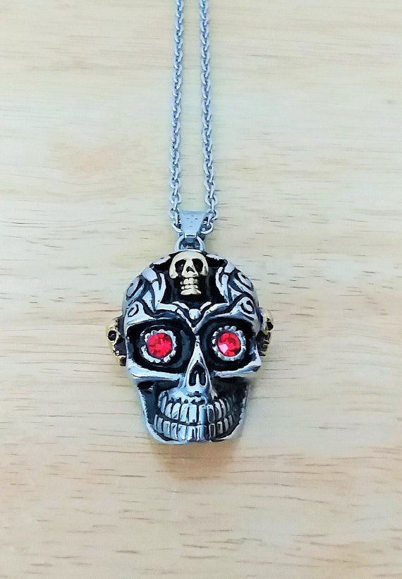 Vintage Red Crystal Skull Pendant Necklace