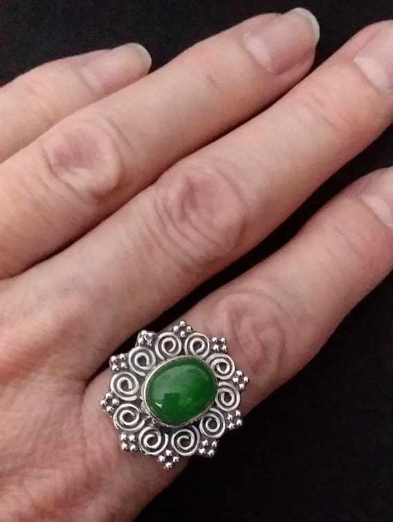 Burmese Green Jade Sterling Silver Ring TGW 5.13 cts.