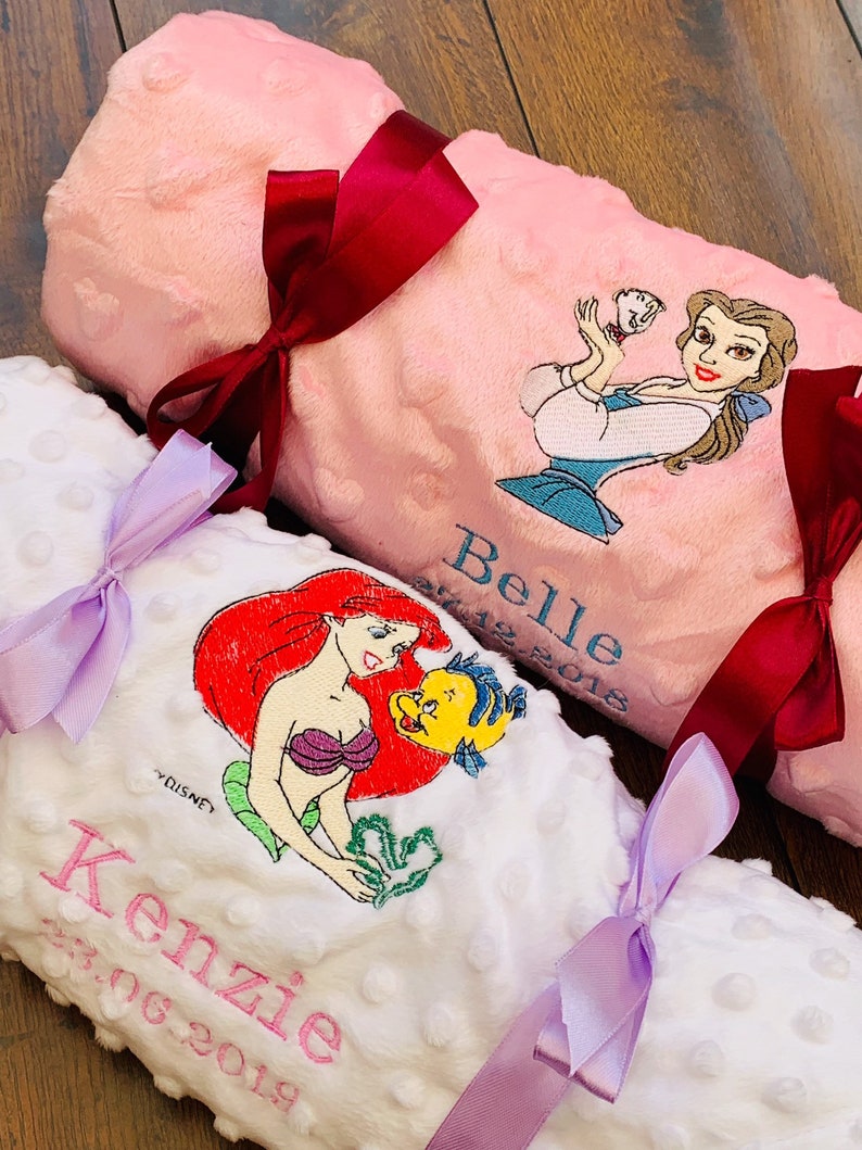 Personalised Princess Baby Blankets, Jasmine, Ariel, Belle, Rapunzel, Cinderella, Sleeping Beauty and Elsa 