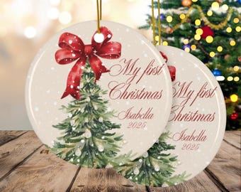 Personalized Ceramic Ornament Baby First Christmas 2-Side Print New Mom Christmas Keepsake Coquette Christmas Tree ornament for Newborn