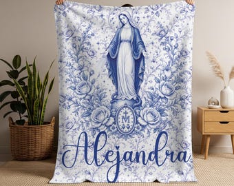 Personalized Catholic Blanket, Our Lady of the Miraculous Medal, Blue Toile Floral Blanket, Marian Gift, Custom Name Throw