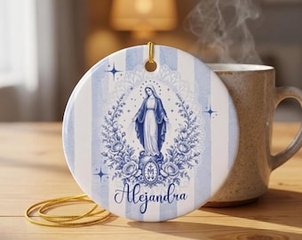 Personalized Miraculous Medal Christmas Ornament, Virgin Mary Catholic Ornament, Blue Toile Marian Gift