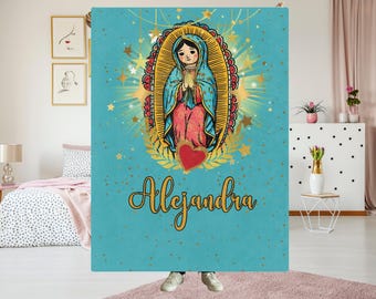 Blanket Religious Catholic Virgin Mary Personalized Name Cozy Throw Baptism Gift Religious Home Decor Prayer Shawl Custom Mothers Day Gift