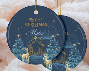 My First Christmas Ornament Christmas Nativity and Deer Design for Newborn Ornament New Mom Holiday Ornament Christmas Babys name ornament