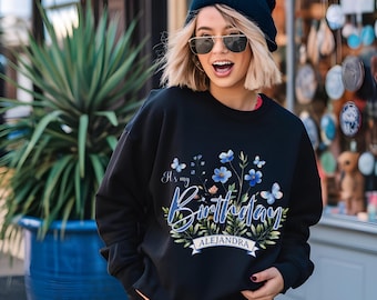 Birthday Sweatshirt, Blue Floral Crewneck, Birthday Gift