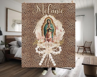 Our Lady of Guadalupe Blanket, Personalized Blanket,Cheetah Print Catholic home decor,