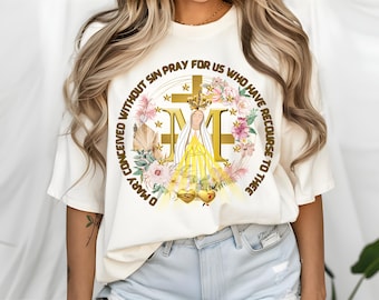 Marian Catholic  T-shirt Virgin Mary T shirt Catholic Gifts for Women Boho Floral Women Religious Shirts Catholic Gifts Marian Cross Shirt