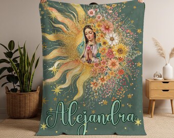 Virgin Mary Sunflower Floral Blanket | Personalized Name | Baby Blanket | Catholic Throw | Religious Gifts