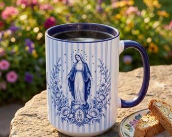 Personalized Miraculous Medal Mug, Blue Toile Catholic Mug, Virgin Mary Gift, Marian Devotion Gift
