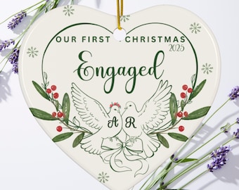 Engaged Ceramic Ornaments Personalized First Christmas Engaged Gift Custom Xmas Decor Holiday Keepsake Engagement Present 2-Sided Print