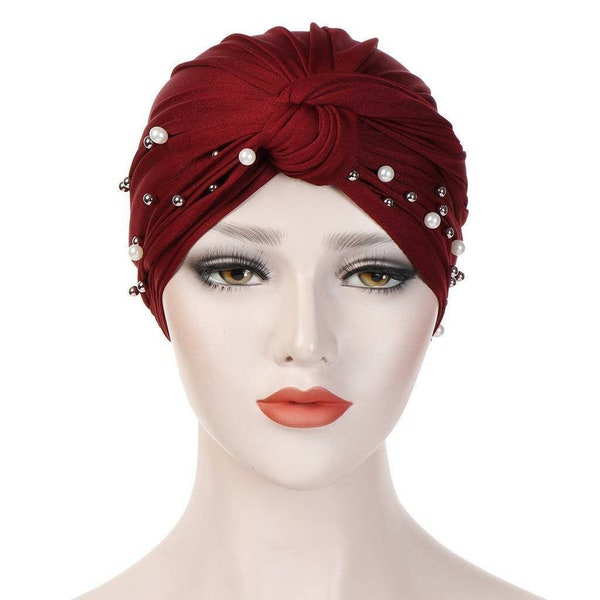 TWIST TURBAN HEADWRAP, Many Colors beaded glamorous women head covering, Stretch Knot Spandex chemo gift, alopecia headscarf wrap
