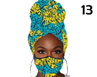 Ensemble couvre-chefs + masques imprimés africains écharpe Ankara, écharpe africaine, turban africain, turbans pour femmes/adolescentes, turbans Ankara, turbans