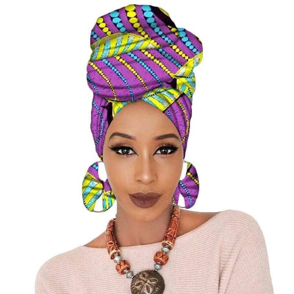 AFRICAN PRINT HEADWRAP + Earrings Set Authentic Ankara Hair Wrap Bold and Colorful Women's Fashion Accessory Juneteenth Scarf, Gift for Her.