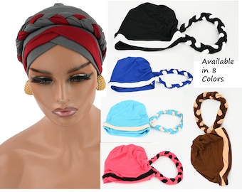 BRAIDED PRE-TIED Turban Full Coverage Cap Instant Pre-tied Women's Stretchy Chemo gift Post Surgery Twisted hat Alopecia Protective Styling