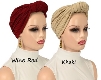 Turbante preatado con nudo grande / Gorro bonito para quimioterapia, alopecia y caída del cabello / Gorro elegante preatado / Regalo para ella / Gorro para cabeza calva / Gorro de moda
