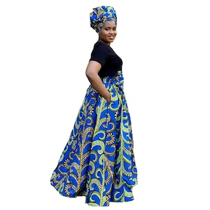 ADA AFRICAN PRINT Maxi Skirt with 2 pocket+Headwrap Maxi Skirt;Ankara skirt; Ankara Maxi Skirt; Spring Skirt; Summer Skirt; African Fashion