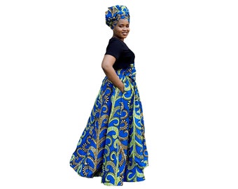 ADA AFRICAN PRINT Maxi Skirt with 2 pocket+Headwrap Maxi Skirt;Ankara skirt; Ankara Maxi Skirt; Spring Skirt; Summer Skirt; African Fashion