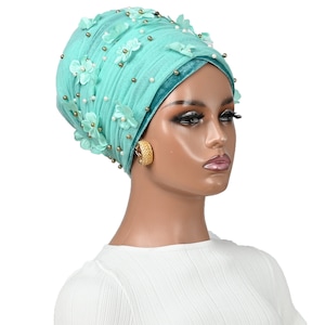 PRE-TIED HEADWRAP,Pre-Tied Turban,Headwrap,Chemo Cap,Alopecia Cap,Boho,Pre-tied Velvet Cap with Tulle Wrap with 3D flower & Beads. Gift 4her
