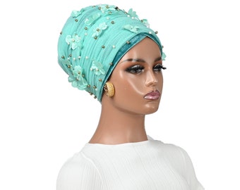 PRE-TIED HEADWRAP,Pre-Tied Turban,Headwrap,Chemo Cap,Alopecia Cap,Boho,Pre-tied Velvet Cap with Tulle Wrap with 3D flower & Beads. Gift 4her
