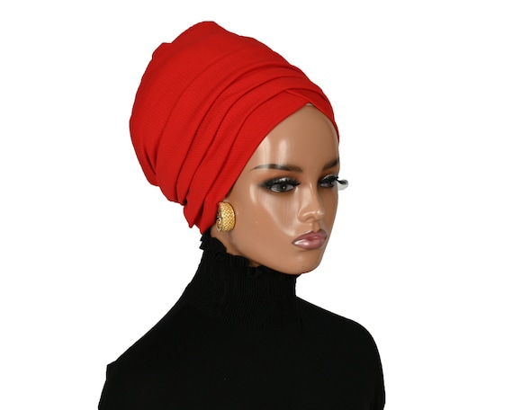 Women's Indian Stretchable Chemo Turban Hat - Pleated Head Wrap Hijab Cap In Red