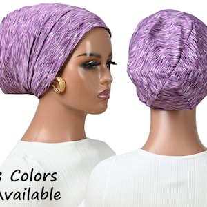 May include: A purple and white patterned head covering is displayed on a mannequin. The head covering is shown from the front and back. The text "8 Colors Available" is displayed in black at the bottom of the image.