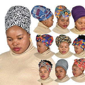 PRE-TIED TUBEWRAP Pre-tIed Flexible Head Covering Chemo Cap Chemo Gift Boho Chic African Print Headwrap Satin Lined LongTube Multiway Scarf